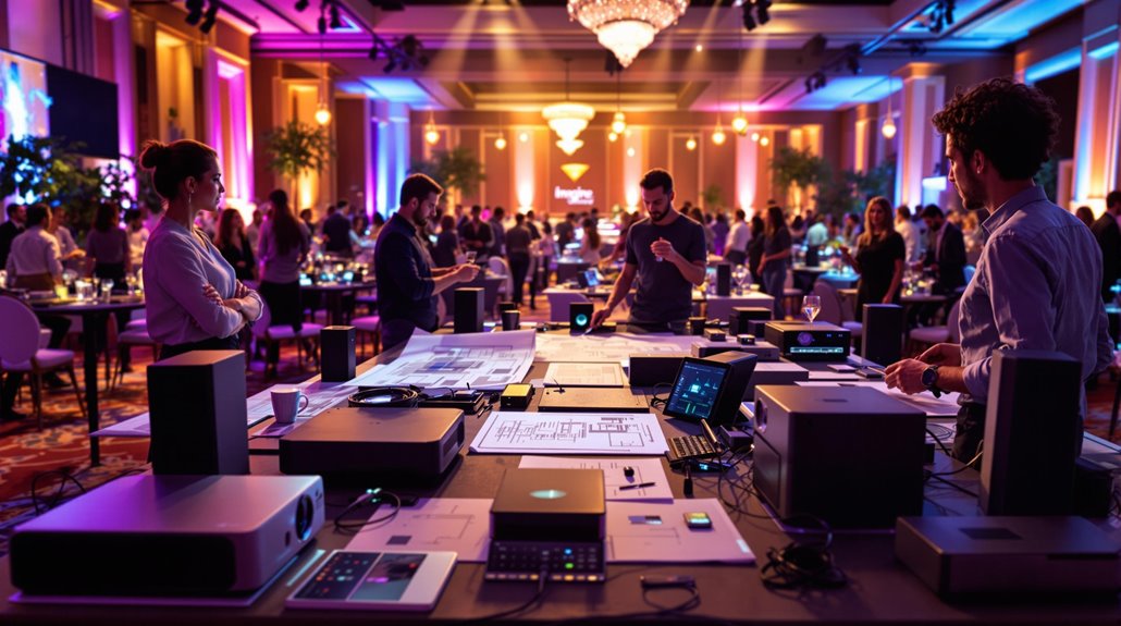 People gather in a large, elegant event space with chandeliers and colorful lighting. Attendees stand around tables covered with electronic devices and laptops, highlighting how AV solutions seamlessly integrate into modern event planning.
