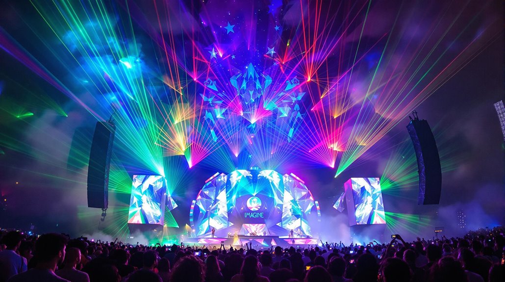 A vibrant concert scene with colorful laser lights and stunning visual effects illuminating the stage and crowd. Large screens and geometric decorations frame the stage, as people in the audience raise cameras to capture this modern event entertainment spectacle.
