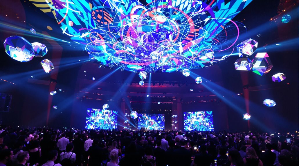 A large crowd attends an indoor event with vibrant visual effects and geometric shapes projected on the ceiling, creating a lively, futuristic atmosphere that sets the standard for modern events.