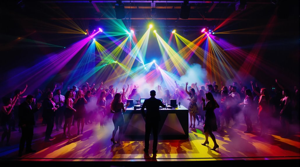 A large crowd dances energetically in a club with vibrant stage lights and fog, while a High School Dance DJ stands at the console, creating unforgettable memories and a lively party atmosphere.