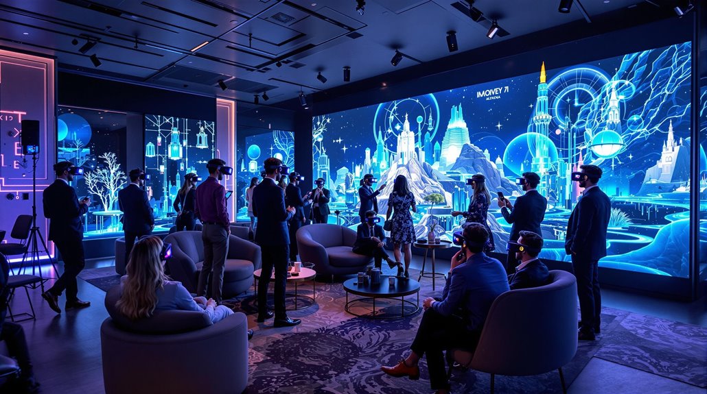 People wearing VR headsets interact in a modern room with large futuristic digital screens displaying a vibrant, blue sci-fi cityscape. Ideal for 2025 corporate event entertainment in Regina, guests engage with this immersive virtual environment.