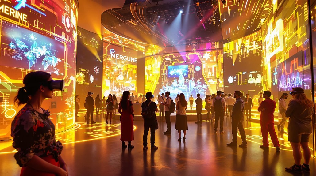 A group of people, some wearing VR headsets, explore a large, immersive exhibition space with glowing orange and yellow digital displays on curved walls. A large screen shows graphics and the word “IMMERGUNE,” highlighting Audio Visual Trends for Events 2026.
