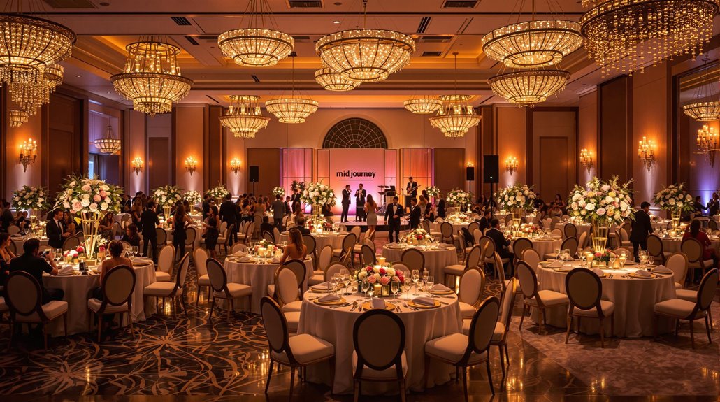 Elegant ballroom with chandeliers, round tables set for a corporate gala dinner, floral centerpieces, and guests in formal attire. A stage with musicians and a mid journey sign is visible at the far end of the room—perfect to impress stakeholders.