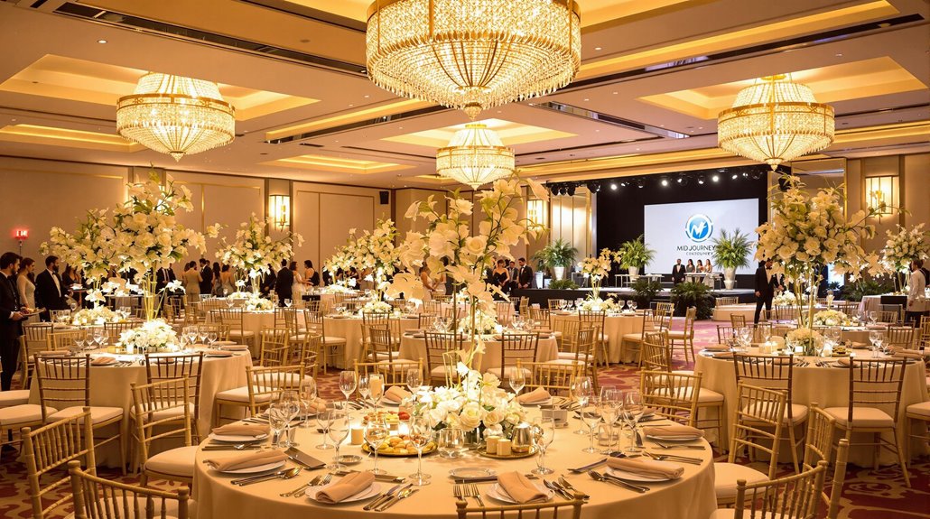 A grand banquet hall decorated for a corporate gala, with round tables covered in white linens, gold chairs, tall floral centerpieces, sparkling chandeliers, and a stage with a large screen—perfect to impress stakeholders.