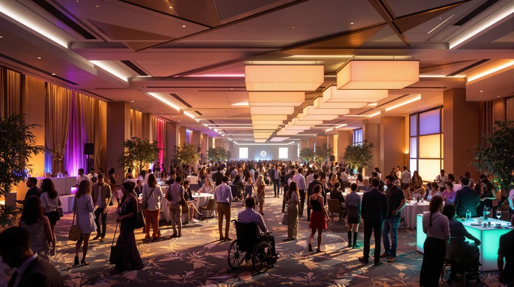A large, elegantly lit ballroom filled with people socializing around tables and standing in groups, featuring adaptive lighting and colorful accents, with a projection screen at the far end to enhance inclusive events.