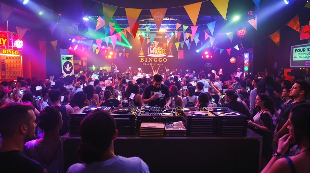 A crowded nightclub with colorful lights, banners, and a DJ booth in the foreground. People hold music bingo cards and appear engaged, creating a festive and lively atmosphere that can help increase attendance at your next event.