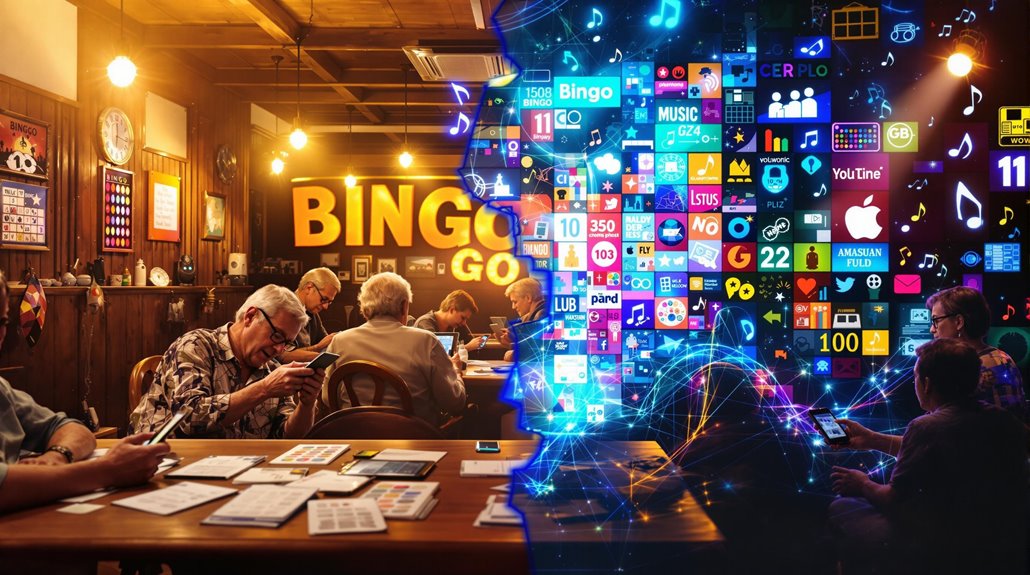 A group of seniors plays traditional music bingo in a cozy hall on the left, while the right side transitions into a vibrant digital world with app icons and music notes, blending classic tradition with digital music bingo excitement.
