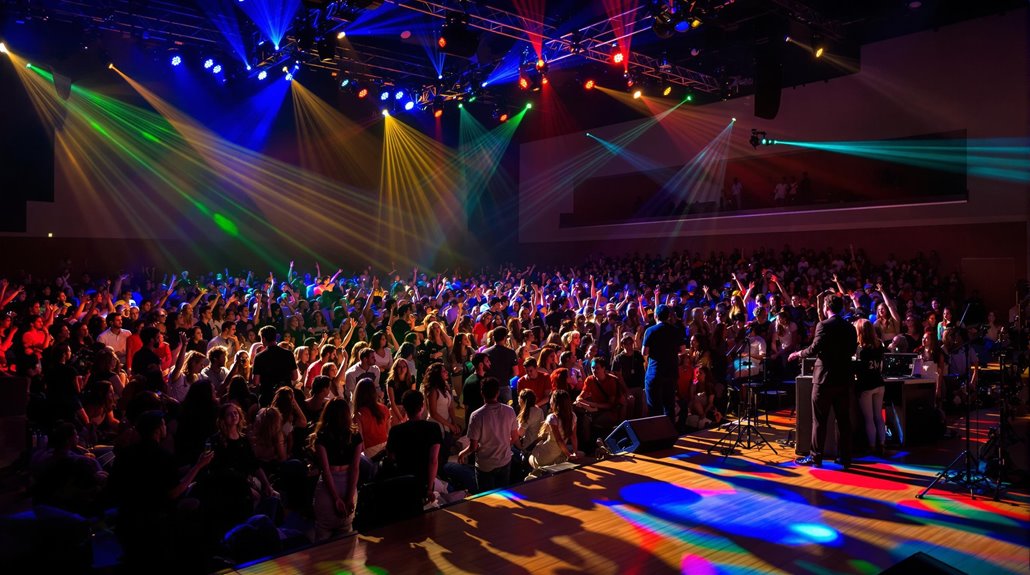 A large crowd enjoys a lively concert indoors, with professional lighting and colorful stage lights illuminating the audience and performers on stage. People are standing, dancing, and raising their hands in excitement.