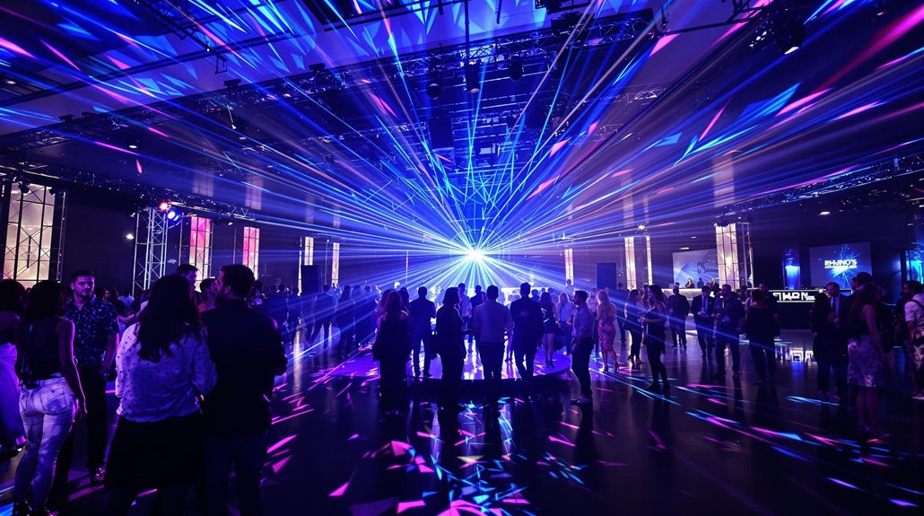 A crowd mingles in a large, dark event space filled with vibrant blue and purple lighting and dynamic sound, as lasers radiate from a central point, creating a lively party atmosphere perfect for corporate events.