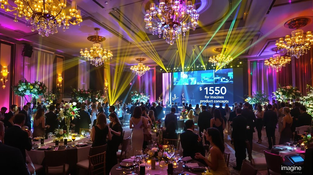 A glamorous ballroom event with people in formal attire, colorful lighting, floral centerpieces, and a stage displaying 50 for incisive product concepts—an inspired choice for corporate event themes.