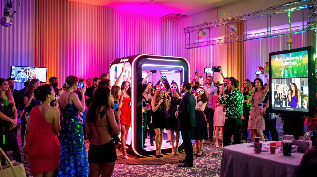 A group of people in formal attire gather around a brightly lit photo booth—a must-have at modern events—with colorful lights illuminating the room and a screen displaying photos in the foreground.