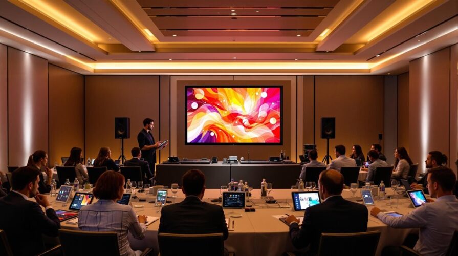 A group of people sit at tables in a modern conference room, watching a presenter in front of a large colorful abstract screen. The event showcases advanced AV solutions, with attendees using laptops and tablets in the well-lit space.