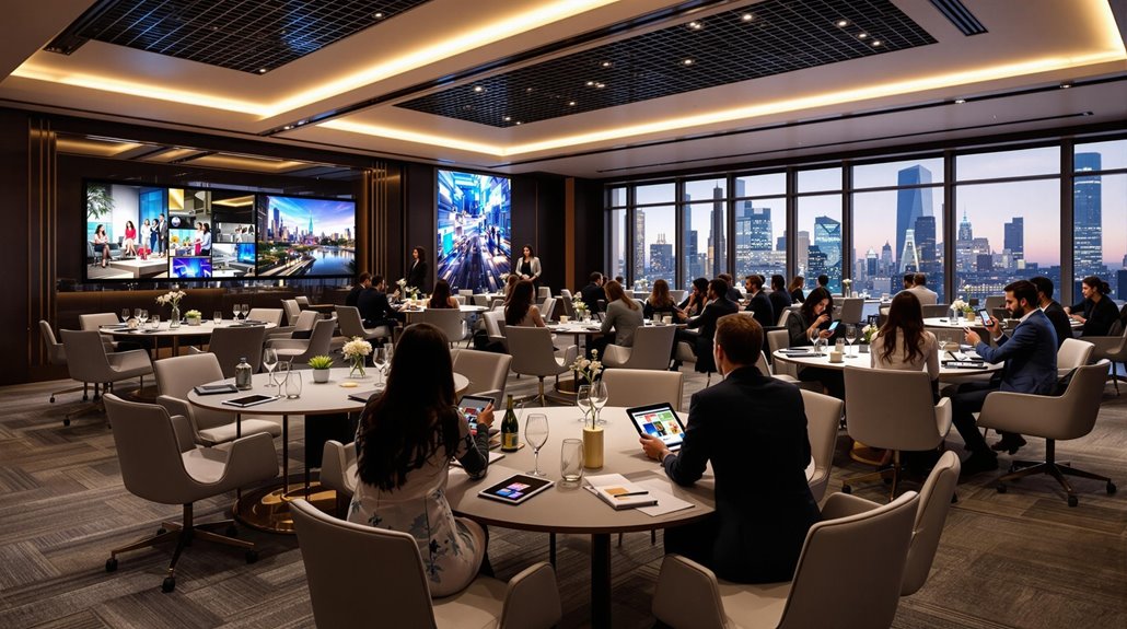 A modern conference room with large windows overlooking a city skyline. People in business attire sit at round tables, using tablets, while a speaker presents slides on large screens equipped with advanced AV solutions at the front.