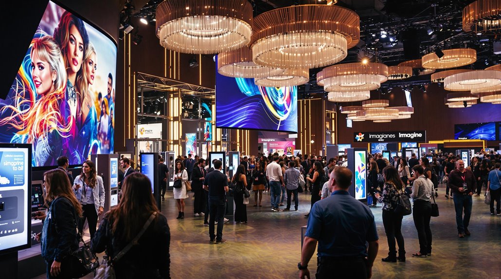 A large, modern convention hall is filled with people walking and interacting near digital displays and colorful screens enhanced by advanced AV solutions under elegant circular chandeliers. Bright posters and banners decorate the lively event space.