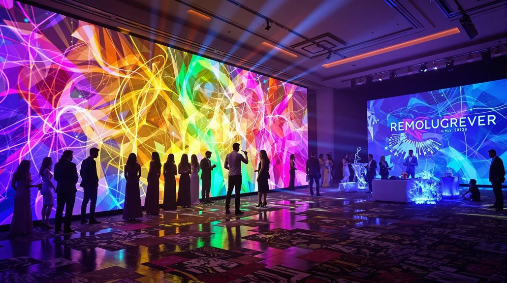 People in formal attire mingle in a vibrant, modern event space featuring abstract illuminated wall art and a stage with “REMOLUGREVER”—a perfect scene for corporate event entertainment Regina or those seeking unique corporate event ideas Regina.