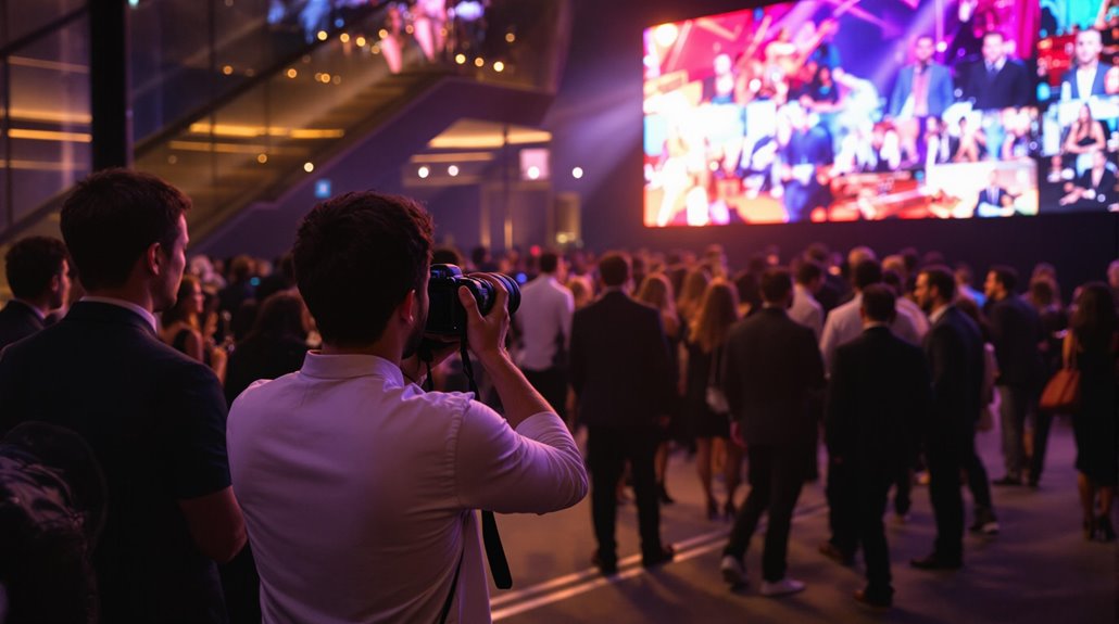 A professional photographer captures a large crowd at an indoor corporate event marketing gathering, with a vibrant, colorful screen and modern decor providing the perfect backdrop for high-impact event marketing visuals.