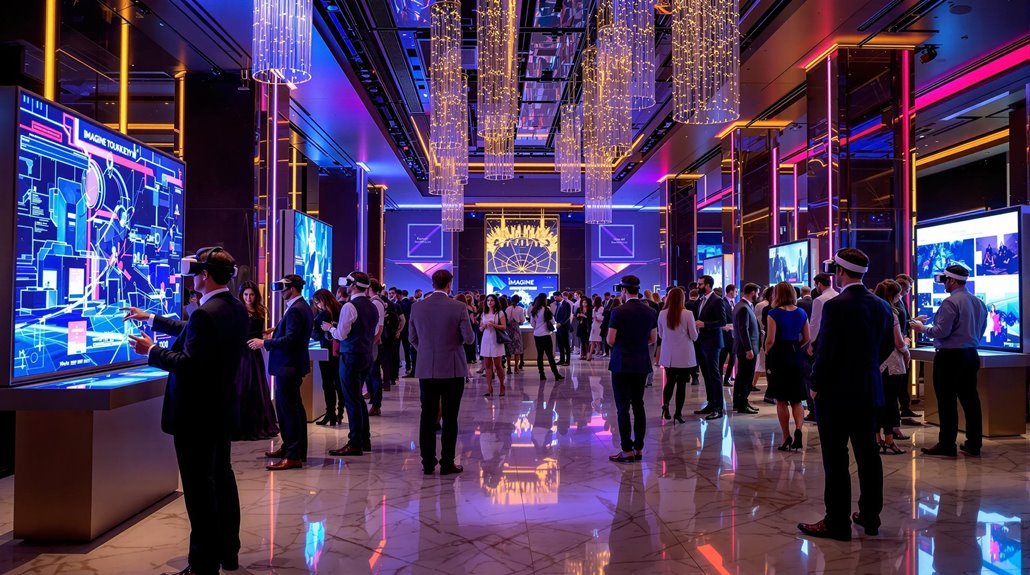 A large group of people in formal attire attend a high-tech corporate event in a modern, elegant venue with digital screens, bright lights, decorative hanging lights, and interactive entertainment such as virtual reality headsets.