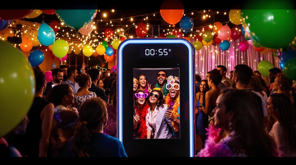 A lively party scene with colorful balloons and string lights. Friends pose for a photo in a photo booth, wearing fun props and smiling, while the crowd enjoys the event entertainment and mingling around them.