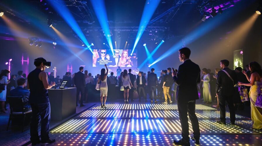 A large group of people in formal attire socialize and dance on an interactive LED floor at a lively corporate event, with colorful spotlights and a big screen displaying images to maximize engagement in the background.