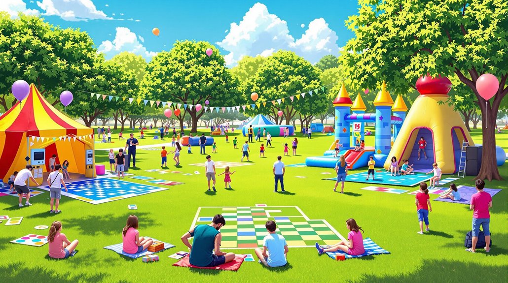 A lively outdoor festival in a park with families and children enjoying games, bouncy houses, and picnic blankets under sunny skies. Colorful decorations showcase fun community events and creative entertainment ideas for all ages.