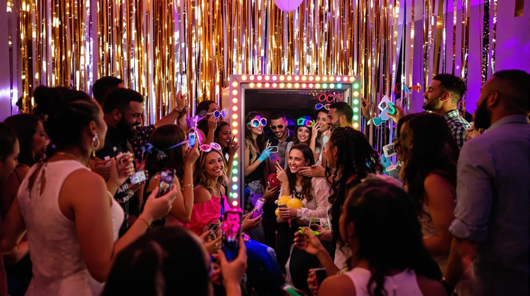 A lively group of people in party attire pose and smile around a large mirror photo booth with colorful lights, surrounded by gold streamers and festive decorations, capturing photos and enjoying the celebration.