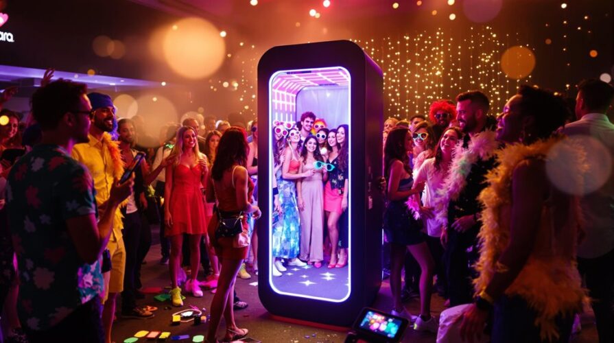 A lively event scene with people in colorful outfits gathered around a glowing, interactive photo booth, where a group poses inside. Festive lights and decorations create a fun, energetic atmosphere.
