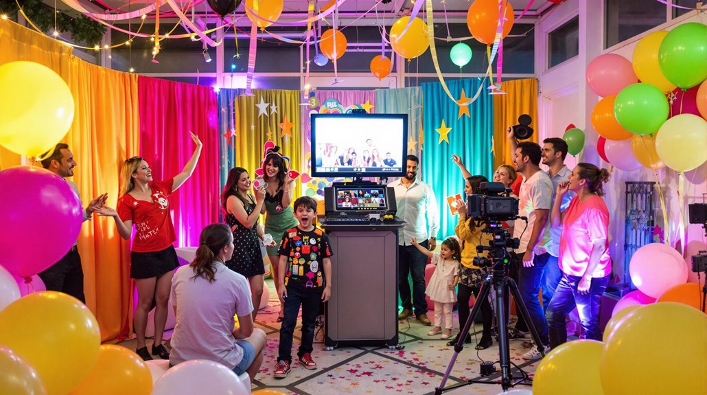 A group of people at a colorful indoor event with balloons, streamers, and confetti sing karaoke. Children and adults smile and clap while a boy uses the microphone, as interactive photo booths capture all the fun moments.