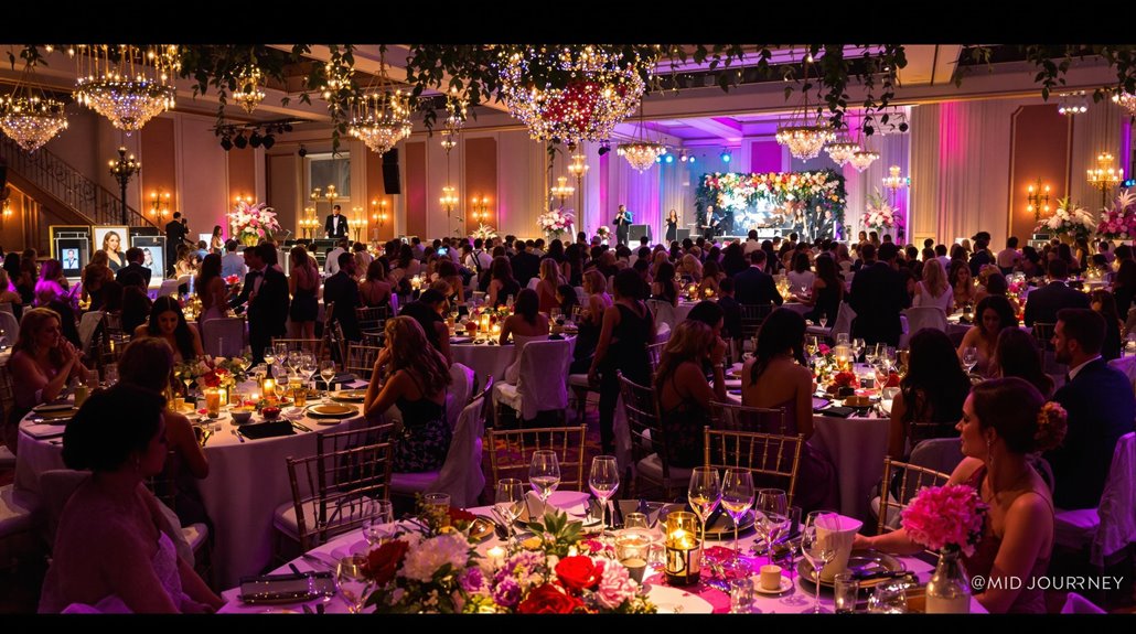 A large, elegant ballroom filled with round tables, guests in formal attire, and vibrant floral centerpieces sets the scene for galas designed to engage attendees. Chandeliers sparkle overhead, with a stage for performers and colorful lighting at the front.