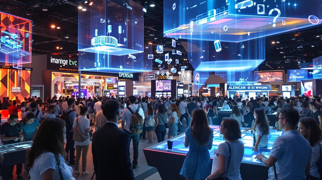 A crowded technology expo features large digital displays, colorful booths, and futuristic holographic projections overhead, offering interactive experiences as attendees explore exhibits reminiscent of top corporate trade shows.