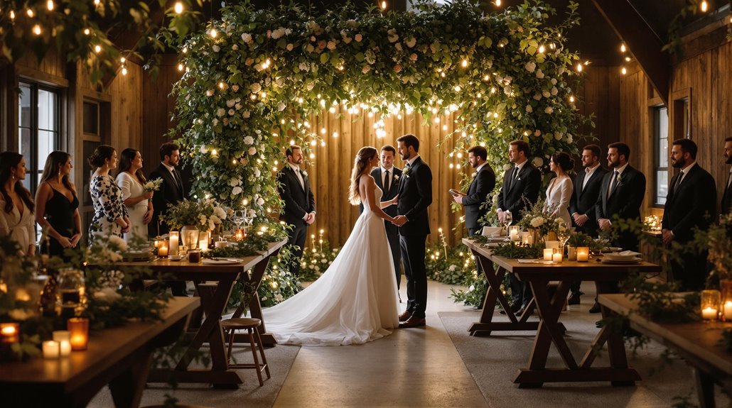 A bride and groom stand facing each other beneath a lush floral arch, surrounded by their wedding party in a warmly lit, rustic venue—a scene inspired by 2026 Wedding Trends and the charm of Regina Weddings, with candles and greenery on wooden tables.
