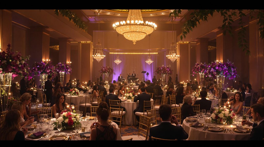 A formal banquet hall set for prestigious galas, filled with elegantly dressed guests at round tables adorned with tall floral centerpieces and candlelight, while musicians perform on stage to engage attendees throughout the evening.