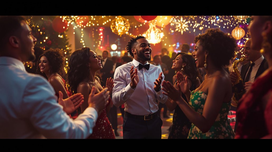 A group of coworkers in formal attire laugh, clap, and dance together to holiday songs at a festive, brightly lit party decorated with balloons and hanging lights. Everyone appears joyful, surrounded by a warm, lively atmosphere.