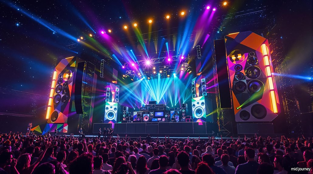 A vibrant concert scene with a large crowd facing a colorful stage, featuring giant speakers from professional audio equipment rental, dynamic lighting, and rainbow beams illuminating the night.
