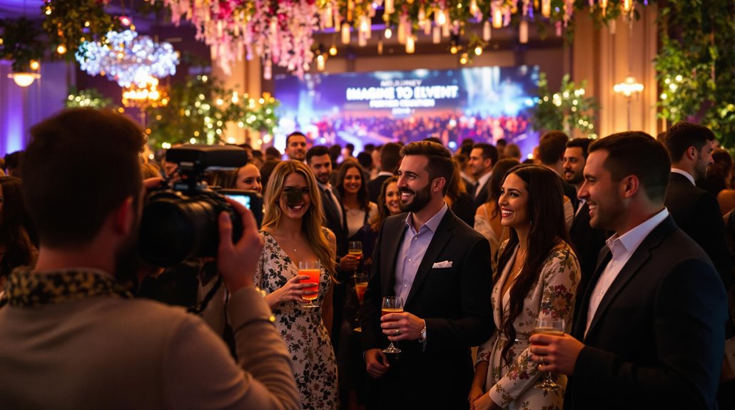 A lively group of well-dressed people smile and chat at an elegant indoor event, surrounded by floral decorations and glowing lights, as a cameraman captures event photos for post-event marketing.