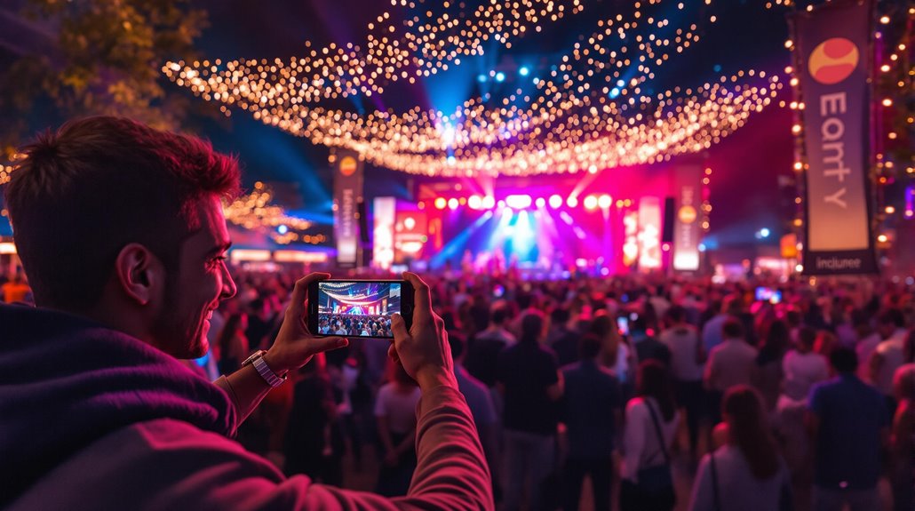 A man takes an event photo with his phone at a lively outdoor concert at night. Colorful lights hang above a large crowd facing a brightly lit stage with performers—a perfect scene for post-event marketing. Vibrant banners and trees fill the background.