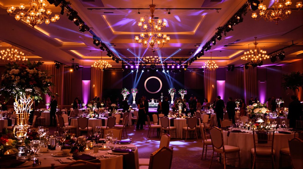 A large, elegant banquet hall decorated with chandeliers, round tables set for dinner, floral centerpieces, and purple event lighting. Guests are mingling, and a stage with circular lighting equipment is at the front.