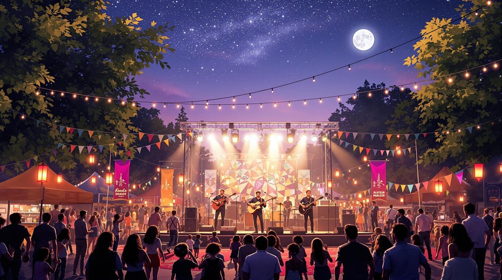 A lively outdoor music festival at night, one of the best community events, features a band on a brightly lit stage. Colorful lights, banners, and string lights decorate the area as the crowd enjoys entertainment ideas under a starry sky and full moon.