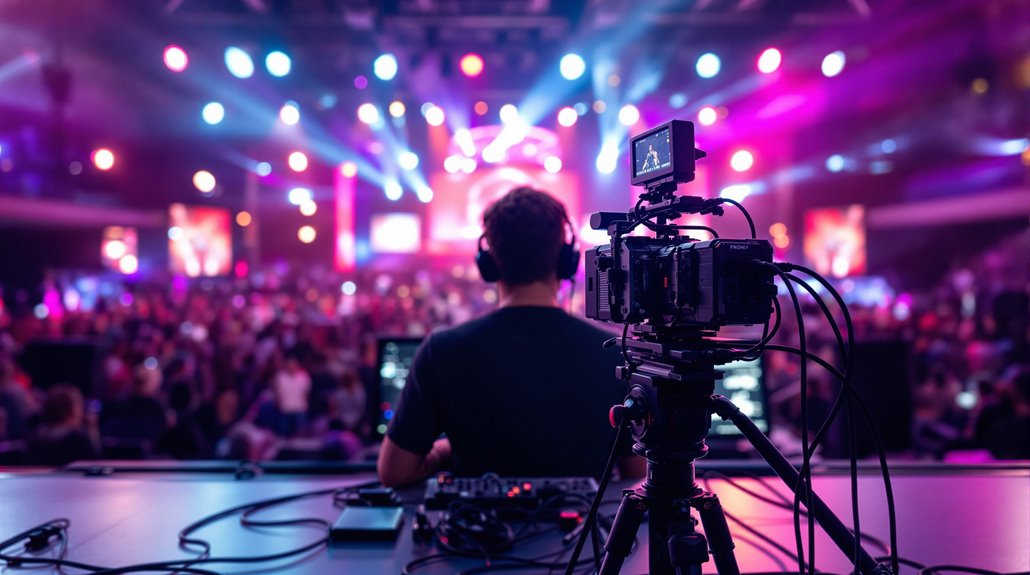 A videographer films a live music event, capturing colorful stage lights and a large, energetic crowd. The camera focuses on the performer, perfectly showcasing the vibrant concert atmosphere for live streaming.