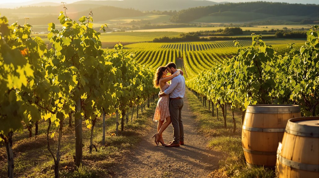 A couple embraces and kisses in the middle of a sunlit vineyard, surrounded by rows of grapevines and wine barrels—an unforgettable moment captured by a local photographer, with rolling hills in the background.