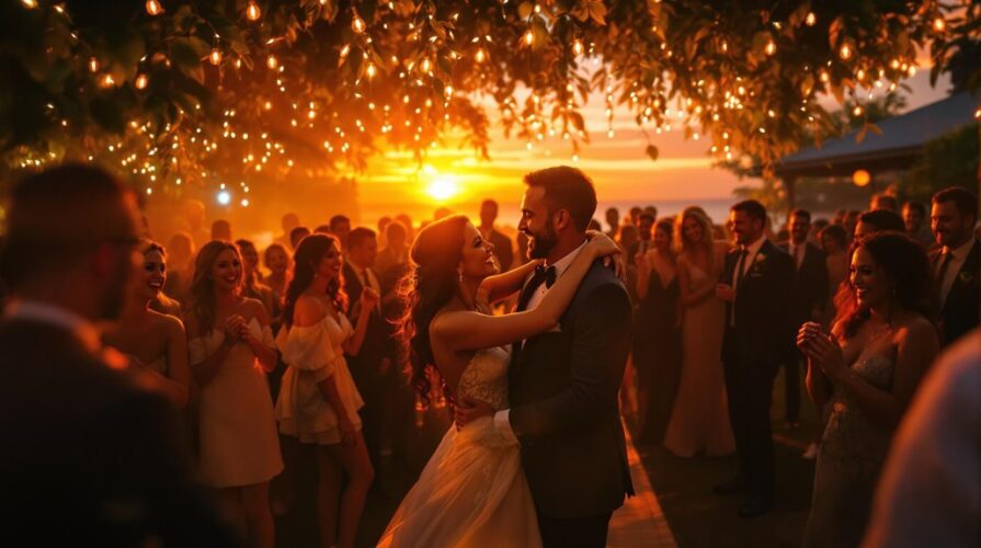 A bride and groom share a romantic first dance at sunset, surrounded by cheering guests under glowing string lights at an outdoor wedding reception—perfect moments to hire a local photographer to capture the memories.