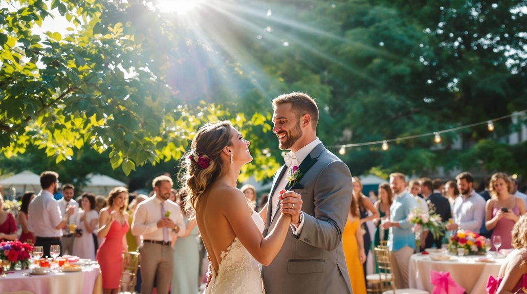 A bride and groom share their first dance outdoors under sunlight, surrounded by smiling guests in colorful attire at decorated tables. Capture these memories—hire a local photographer to document your special day amid trees and string lights.