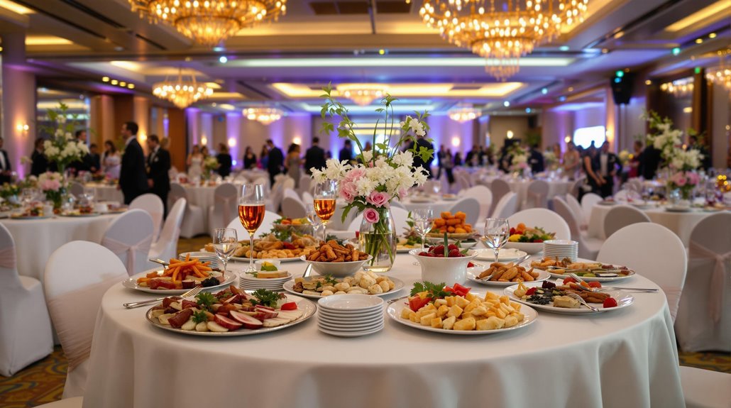 A banquet hall in Regina with round tables covered in white cloths, elegantly set with plates of appetizers, wine glasses, flowers, and candles. Perfect for corporate event planning as guests mingle under sparkling chandeliers.