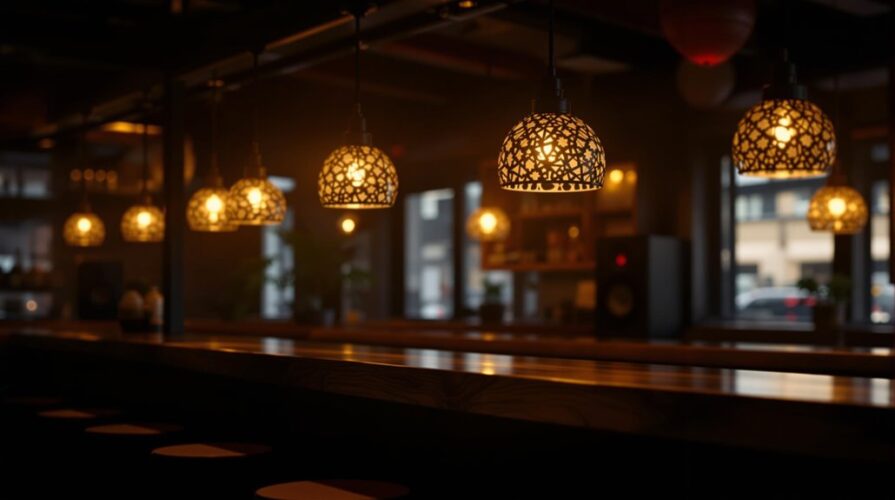Warmly lit bar interior, featuring lighting solutions with ornate hanging pendant lights casting patterned shadows above a wooden counter and empty round stools, creates a cozy and inviting atmosphere ideal for lounges and pubs.
