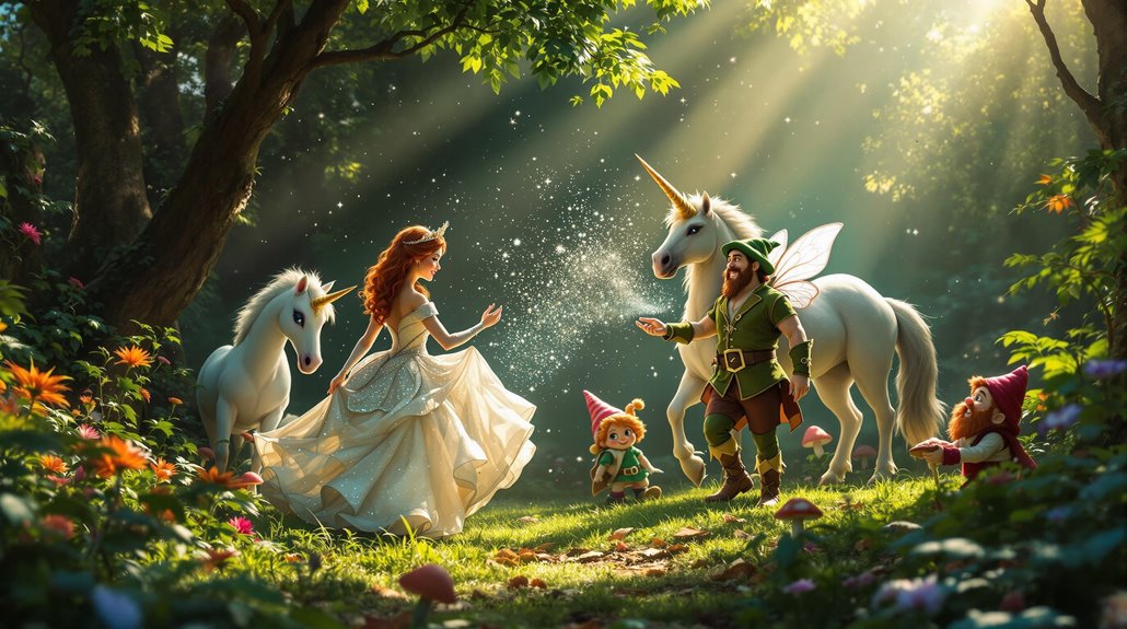 A princess in a white dress stands in a magical forest with unicorns, sparkling light, fairies, and gnomes; sunlight streams through the trees—perfect inspiration for themed party planning or enchanting entertainment ideas.