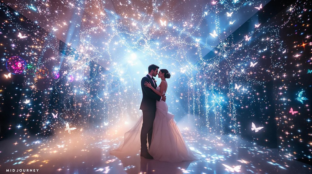 A bride and groom embrace on a dance floor surrounded by sparkling lights and glowing butterflies, with stunning visual effects that create a dreamy, magical atmosphere for unforgettable event entertainment.