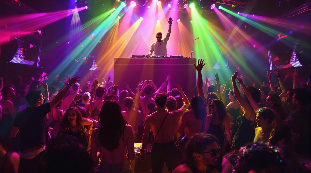 A DJ performs on stage under colorful lights, while energetic party guests dance and raise their hands at a packed nightclub or concert. Confetti fills the air, creating a festive atmosphere.