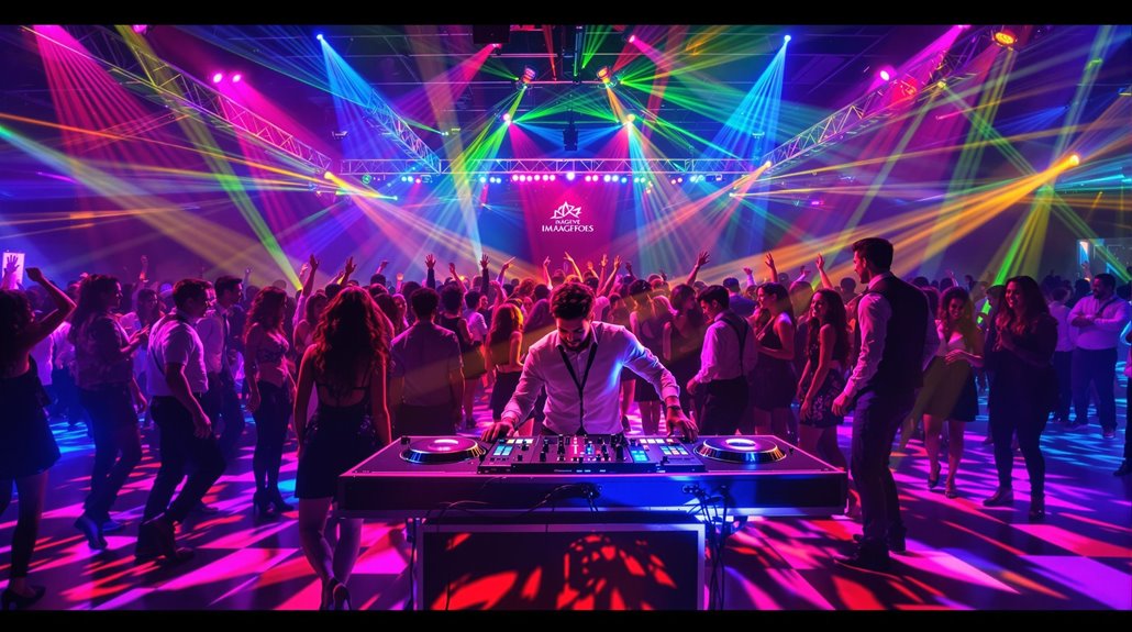 A DJ performs on stage at a crowded nightclub, with people dancing under vibrant, multicolored lights and lasers. The energetic atmosphere is filled with unforgettable memories as the lively crowd enjoys the music and top-notch DJ services.