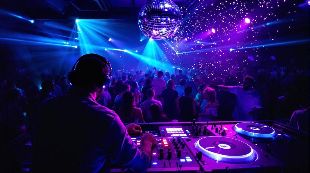 A DJ wearing headphones performs at a vibrant nightclub, offering top DJ services as a crowd dances under blue and purple lights and a glowing disco ball, creating an unforgettable nightlife atmosphere.