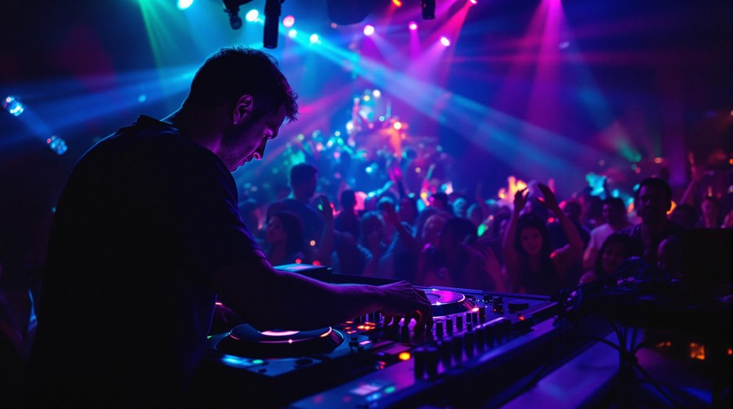 A DJ is performing in a dark, vibrant nightclub, delivering an unforgettable DJ experience on turntables. Colorful lights and lasers illuminate the energetic crowd dancing in these electrifying nightlife settings.