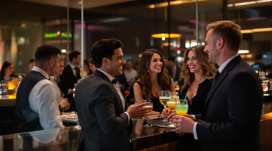 A group of well-dressed men and women stand at a modern bar, laughing and holding colorful cocktails, enjoying candid moments during a lively evening corporate event with others in the background.